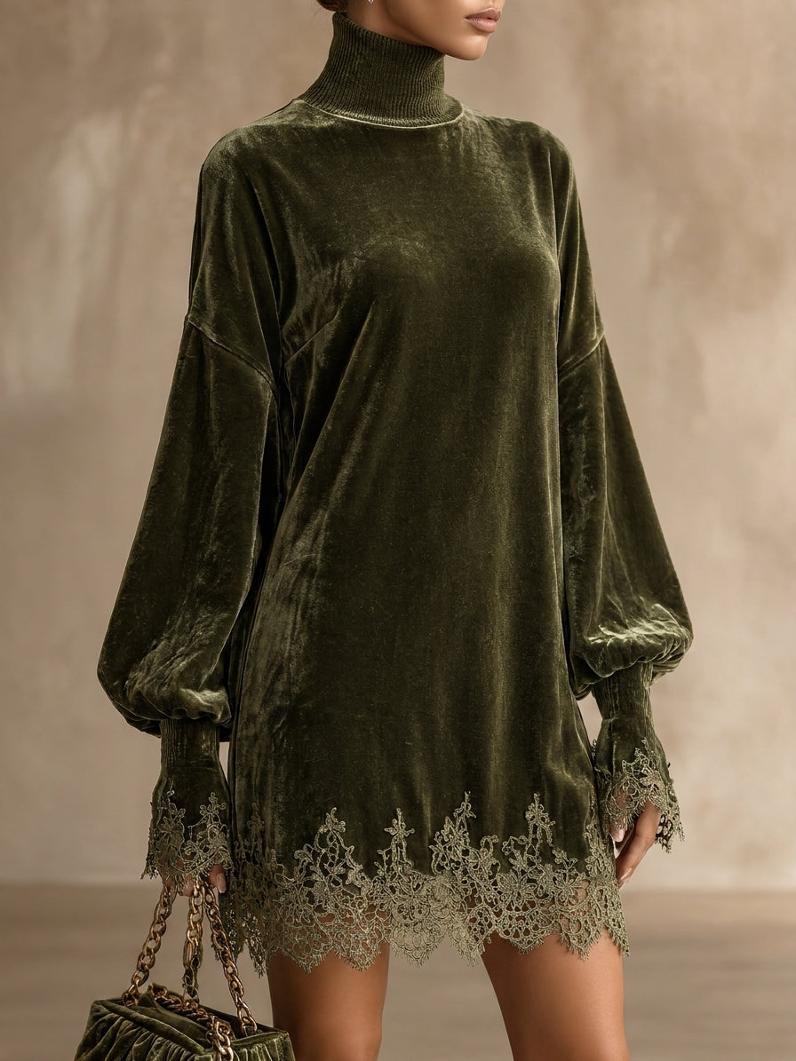 Women's Velvet Turtleneck Mini Dress with Lace Trim Balloon Sleeves