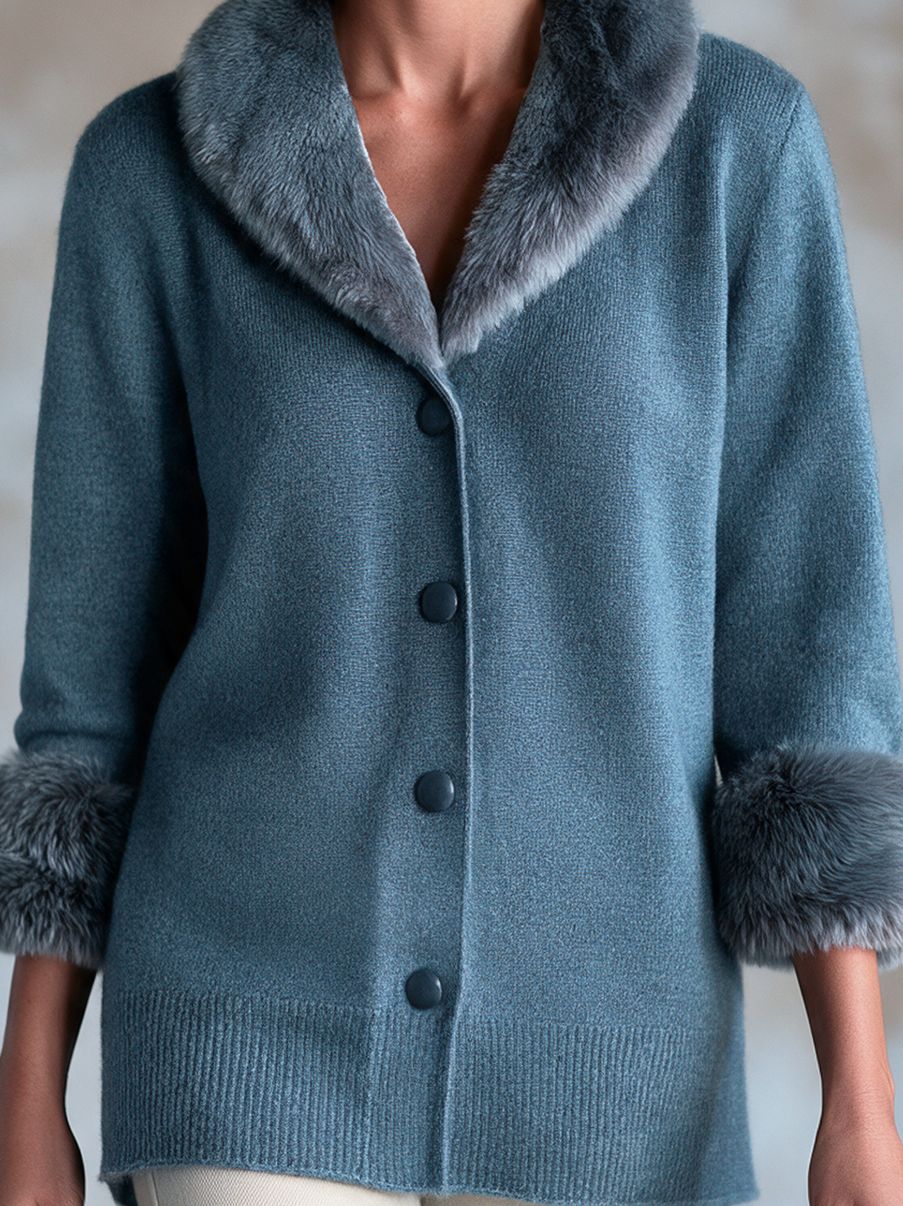 Women’s Elegant Blue Long-sleeved Knit Cardigan With A Fur Collar