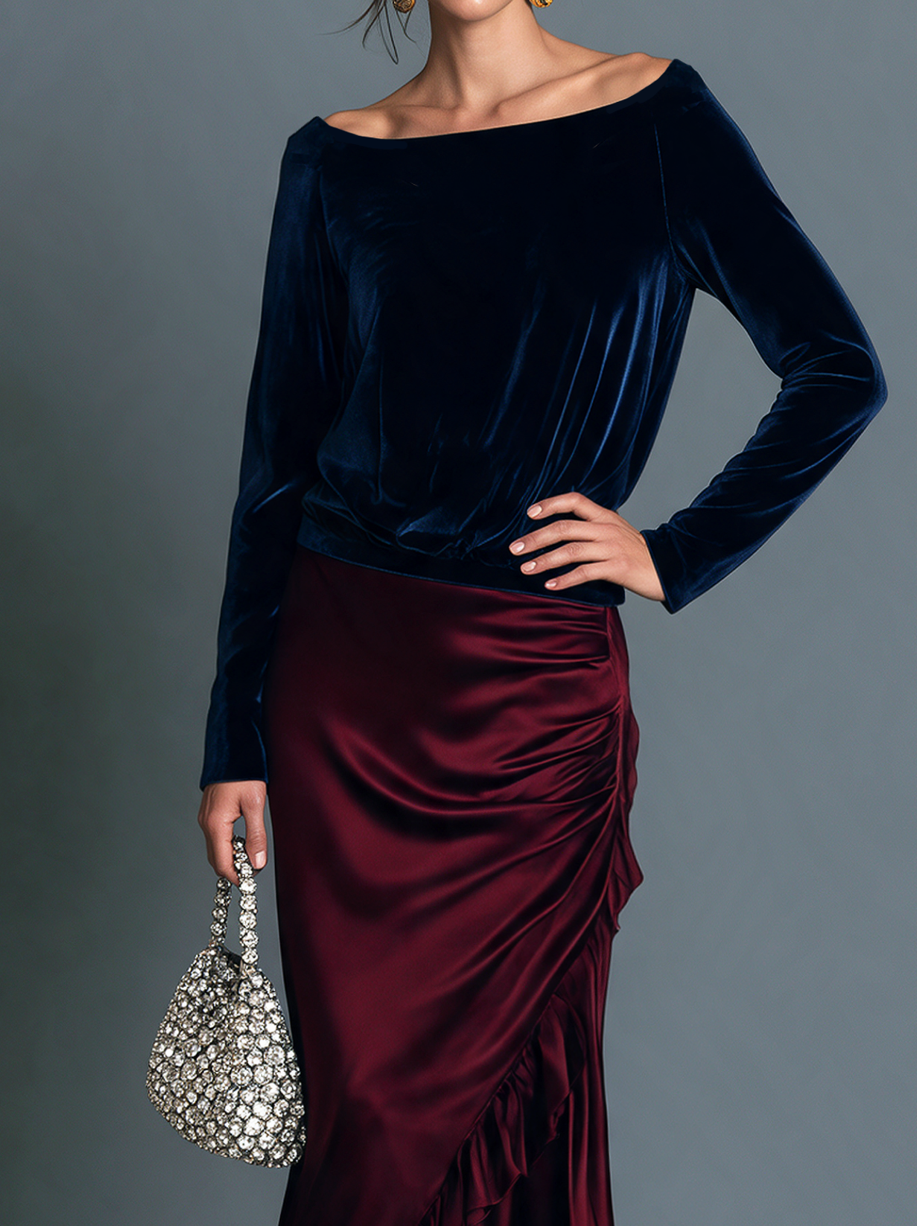 Women’s Elegant Long-Sleeved Velvet And Satin Gown In Navy And Burgundy