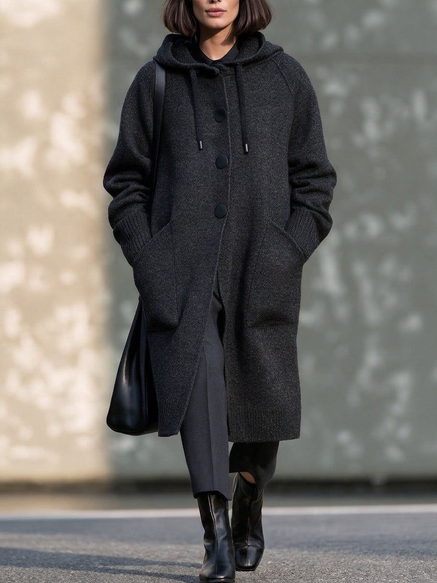 Women's Hooded Button Front Woolen Coat