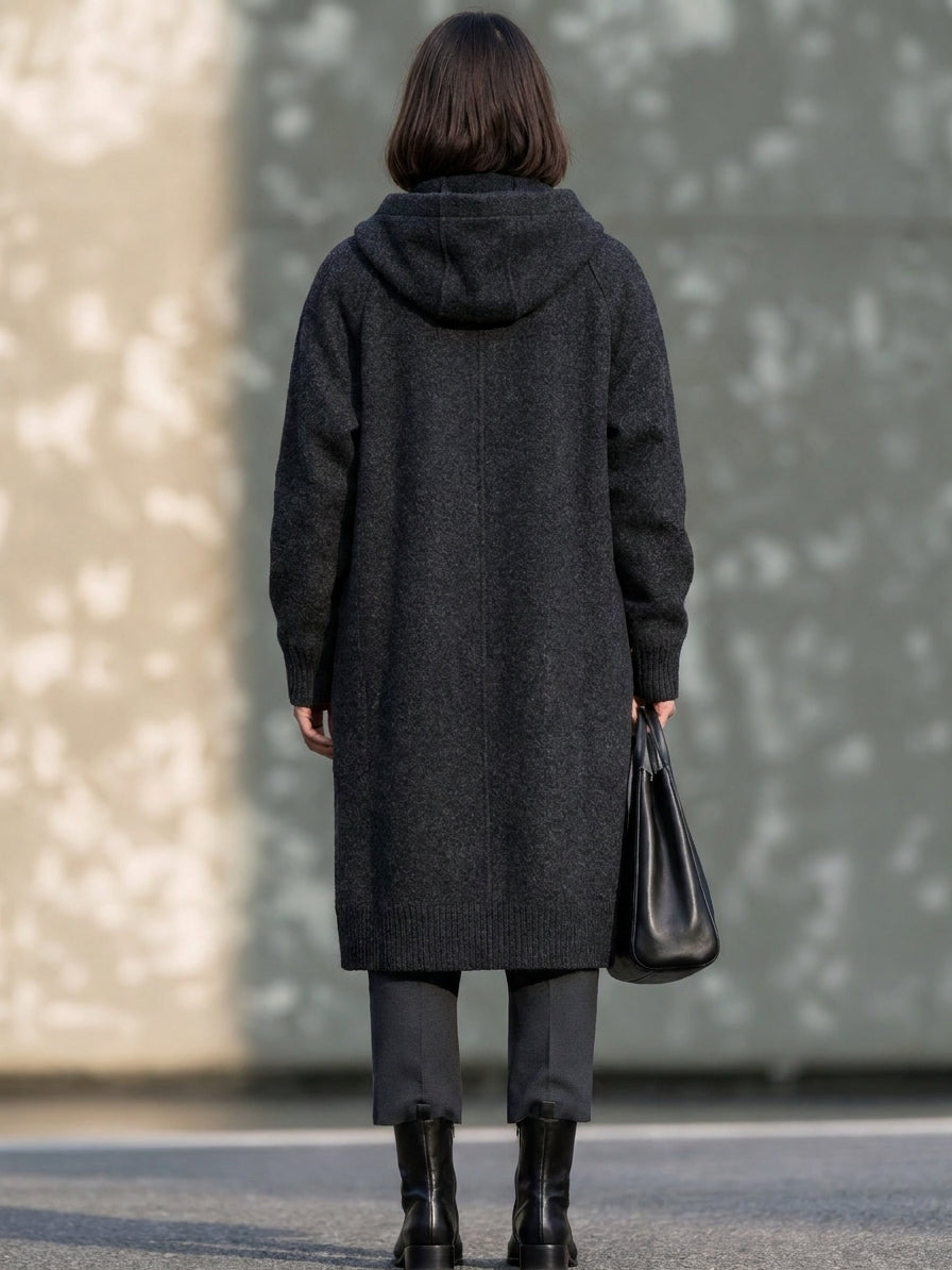 Women's Hooded Button Front Woolen Coat