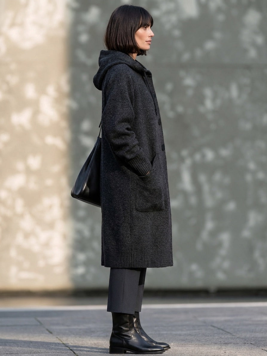 Women's Hooded Button Front Woolen Coat