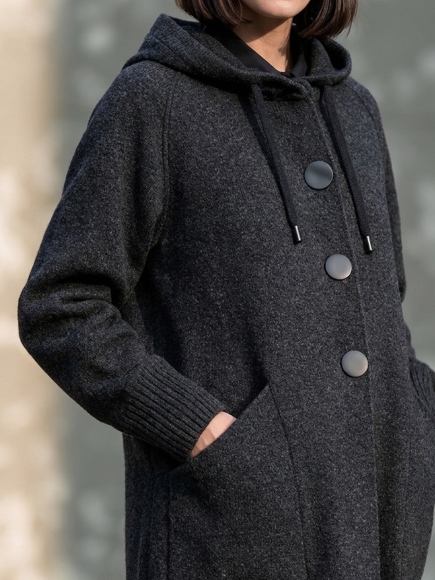 Women's Hooded Button Front Woolen Coat