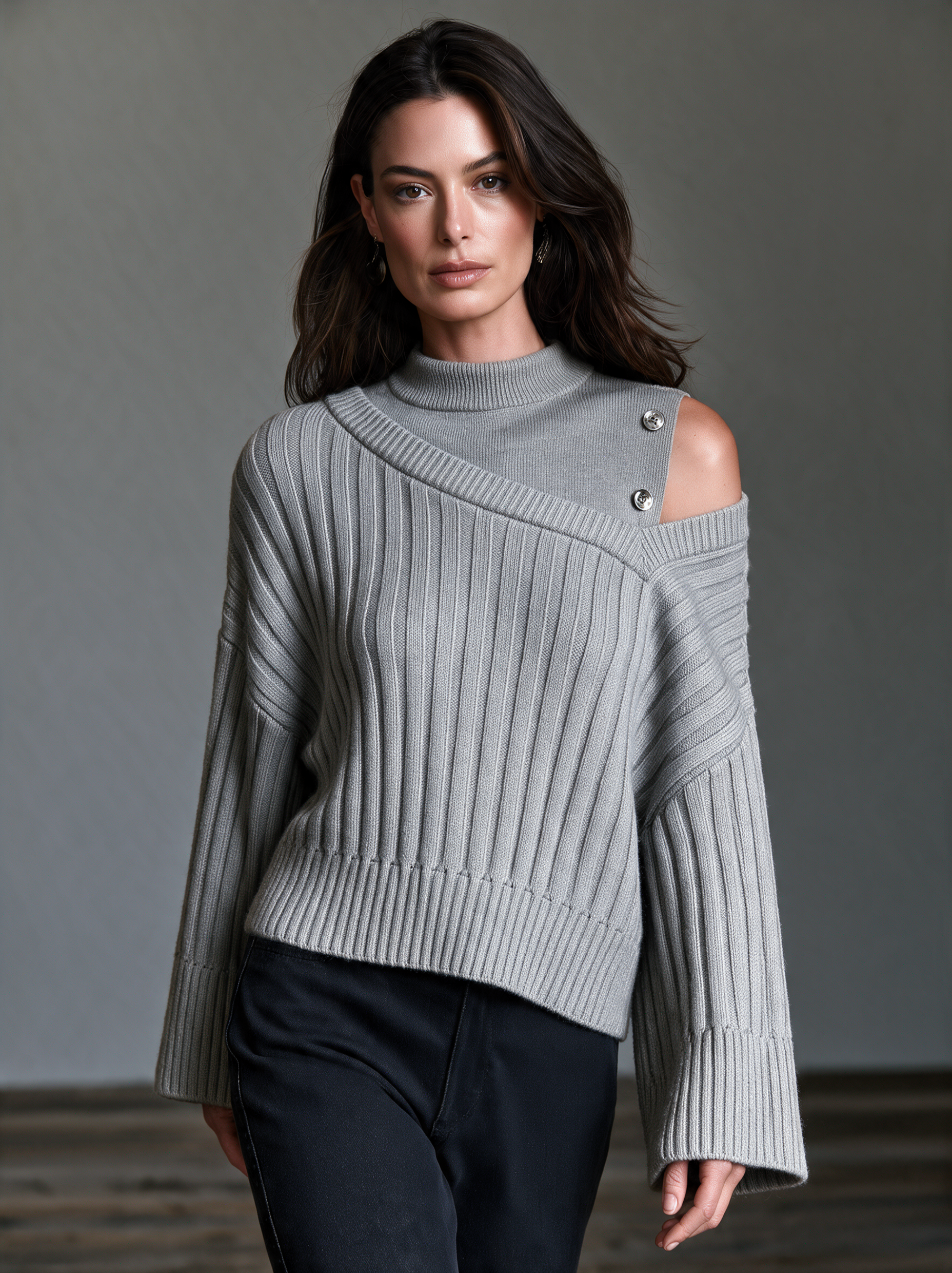 Women’s Elegant Grey Long-sleeved Knit Sweater