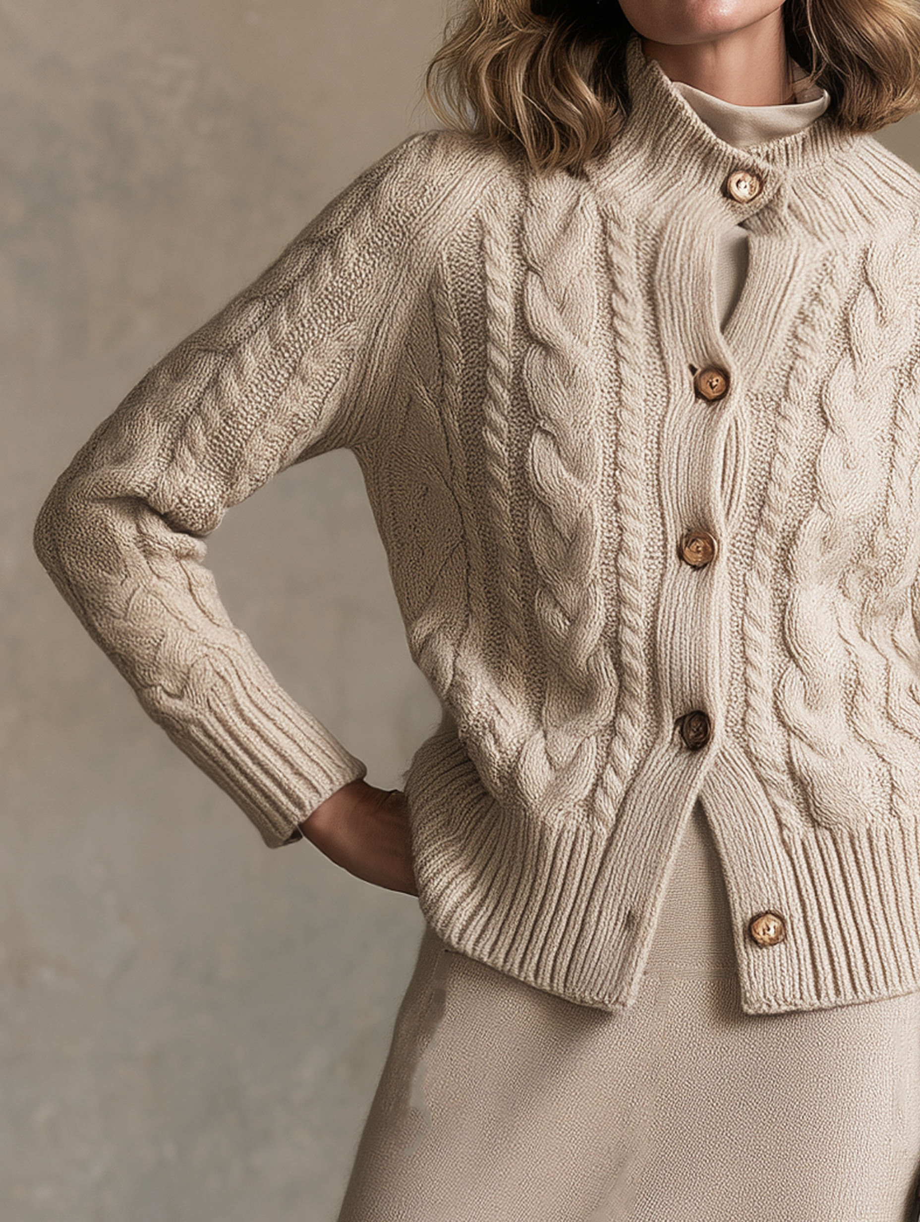 Women’s Elegant Apricot Cable-Knit Long-Sleeve Cardigan