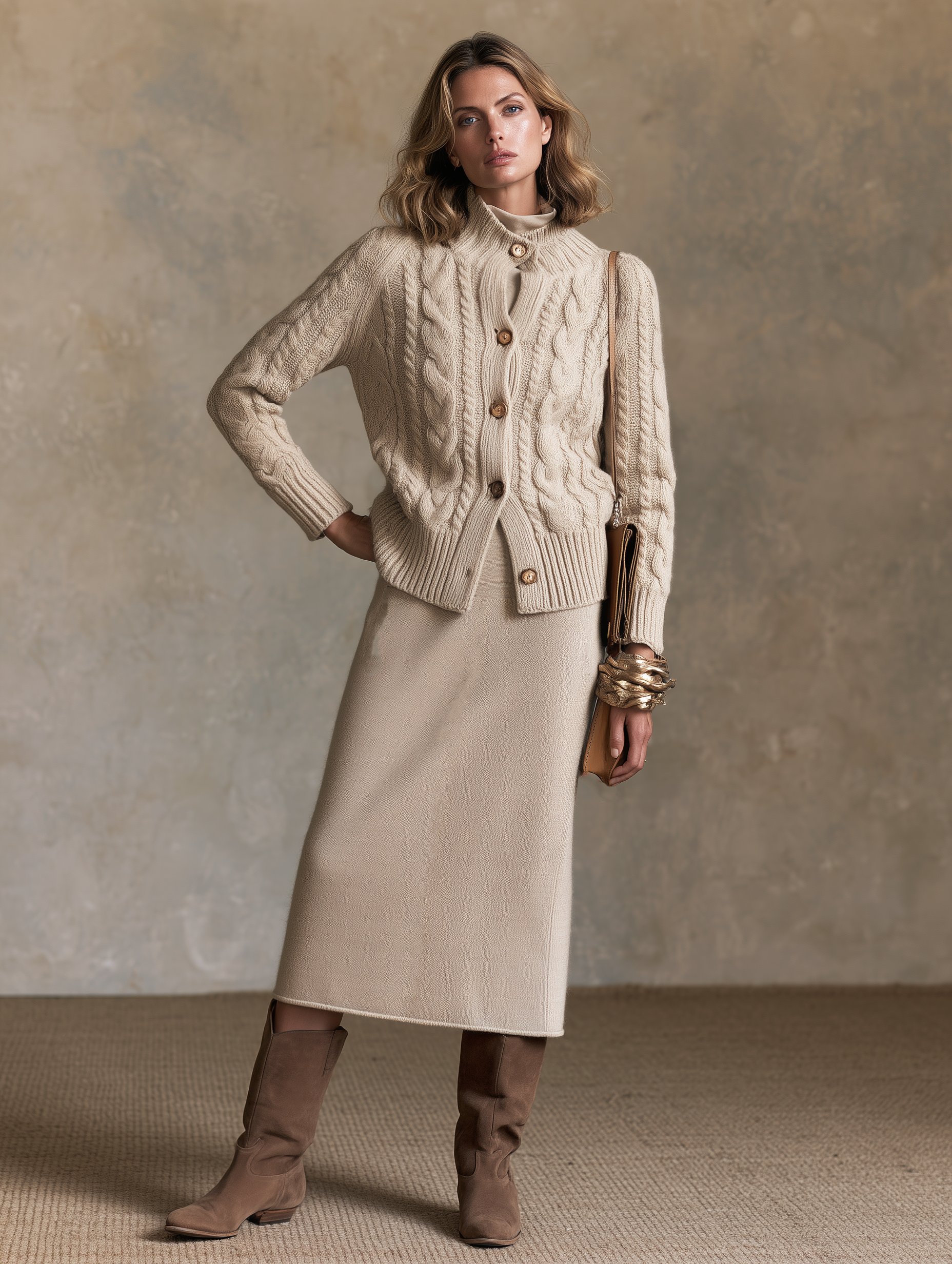 Women’s Elegant Apricot Cable-Knit Long-Sleeve Cardigan