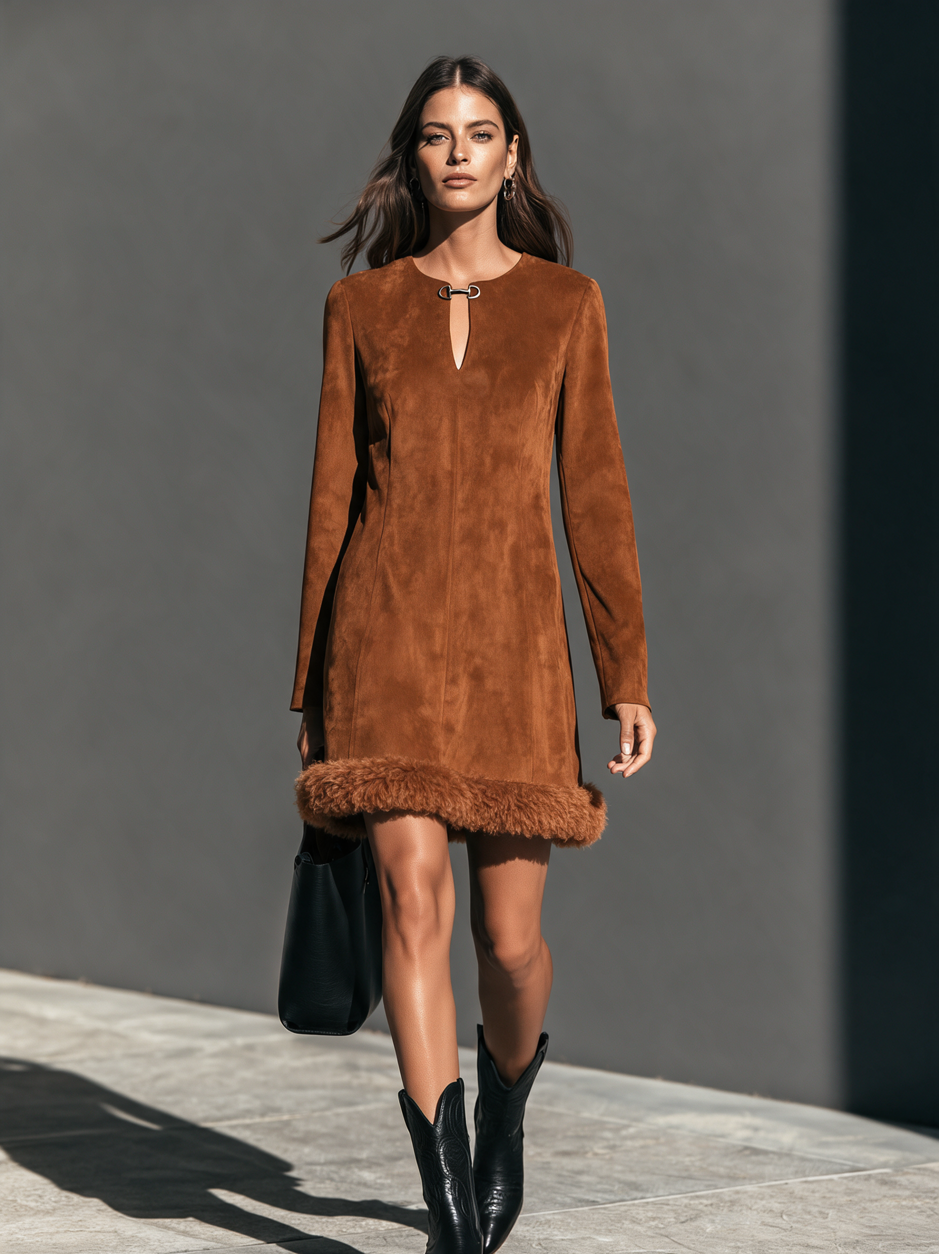 Women’s Elegant Brown Suede-paneled Plush Long-sleeve Mini Dress
