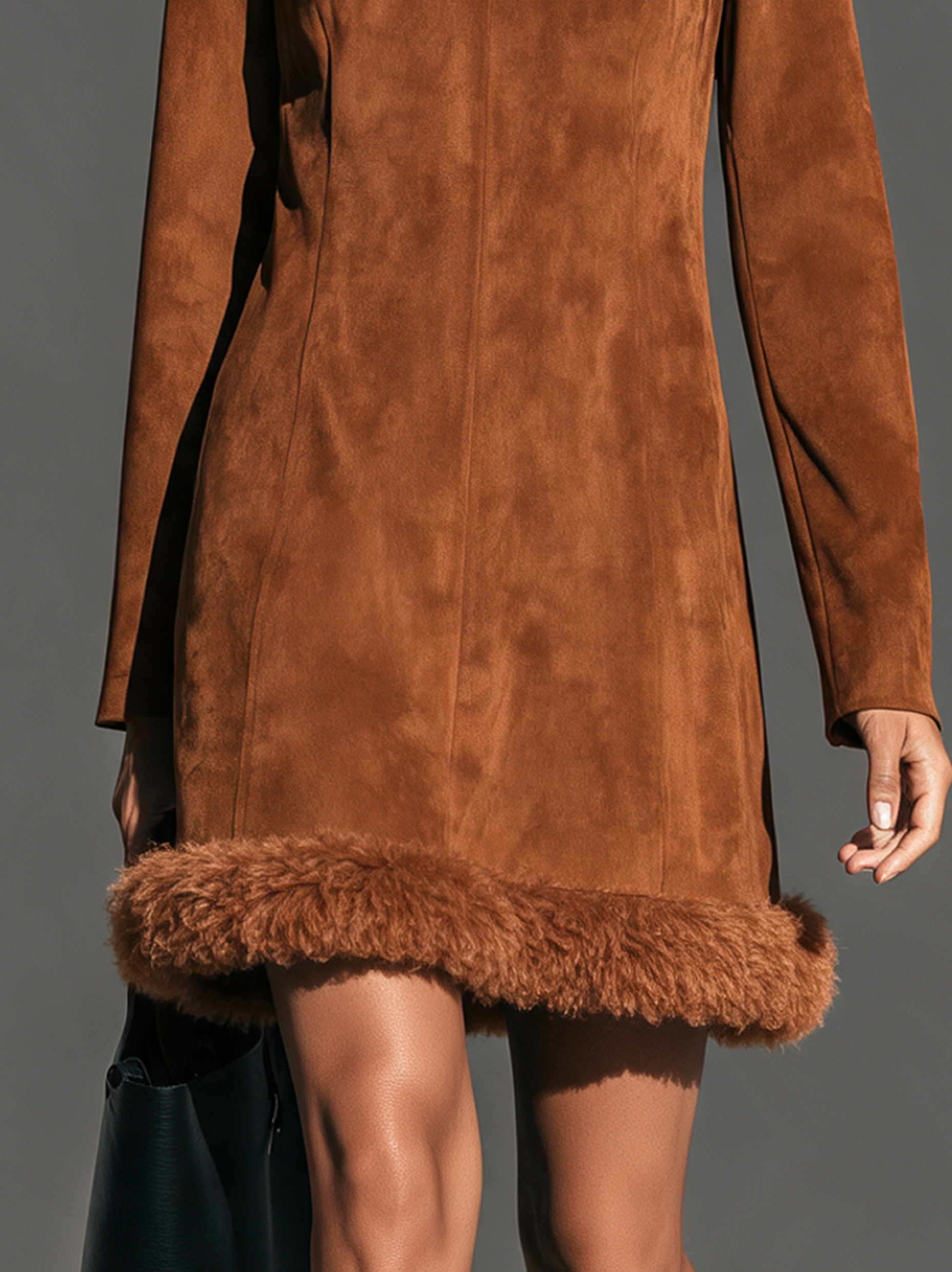 Women’s Elegant Brown Suede-paneled Plush Long-sleeve Mini Dress