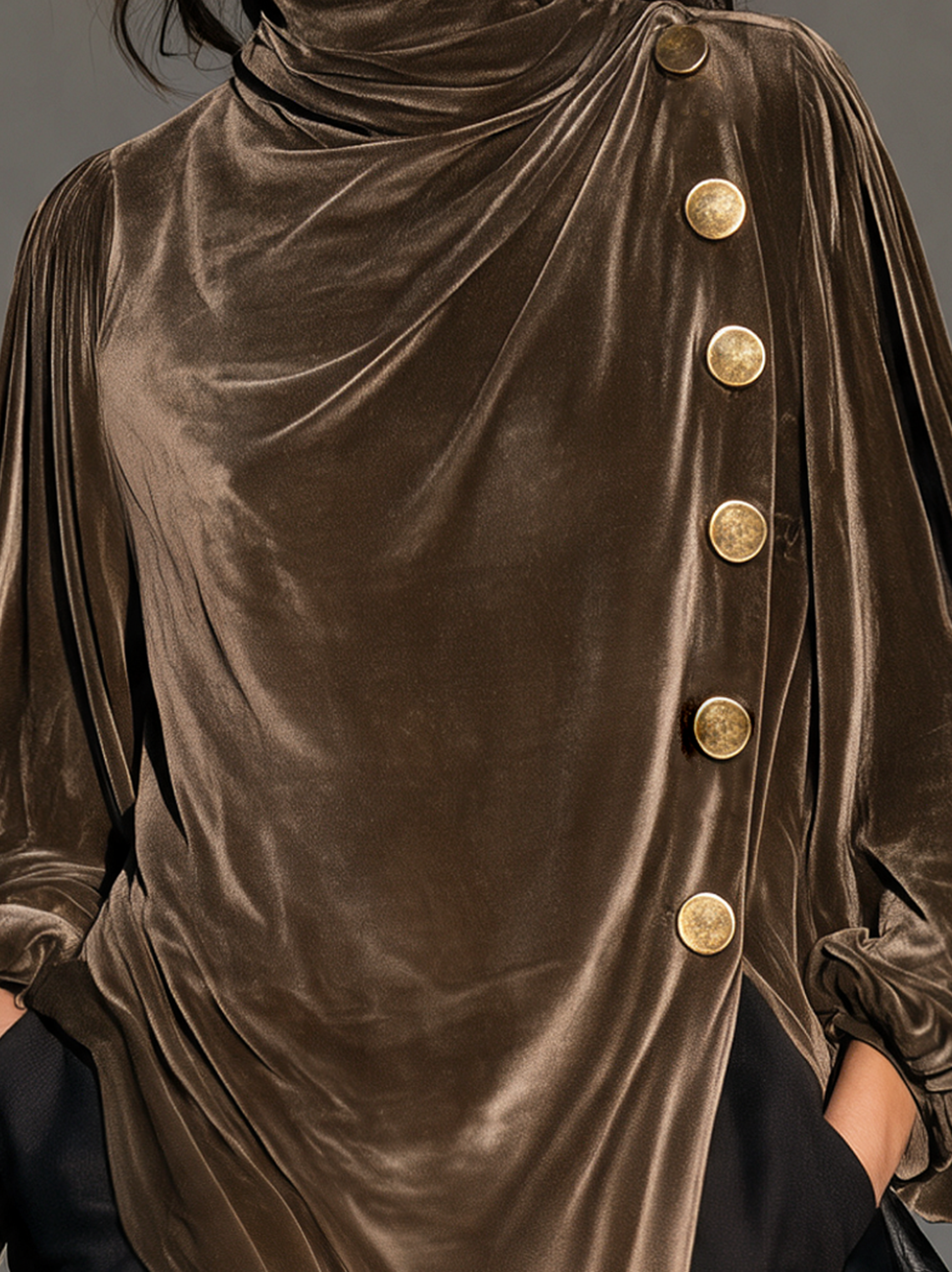 Women’s Elegant Brownish-green Velvet Long-sleeve Top