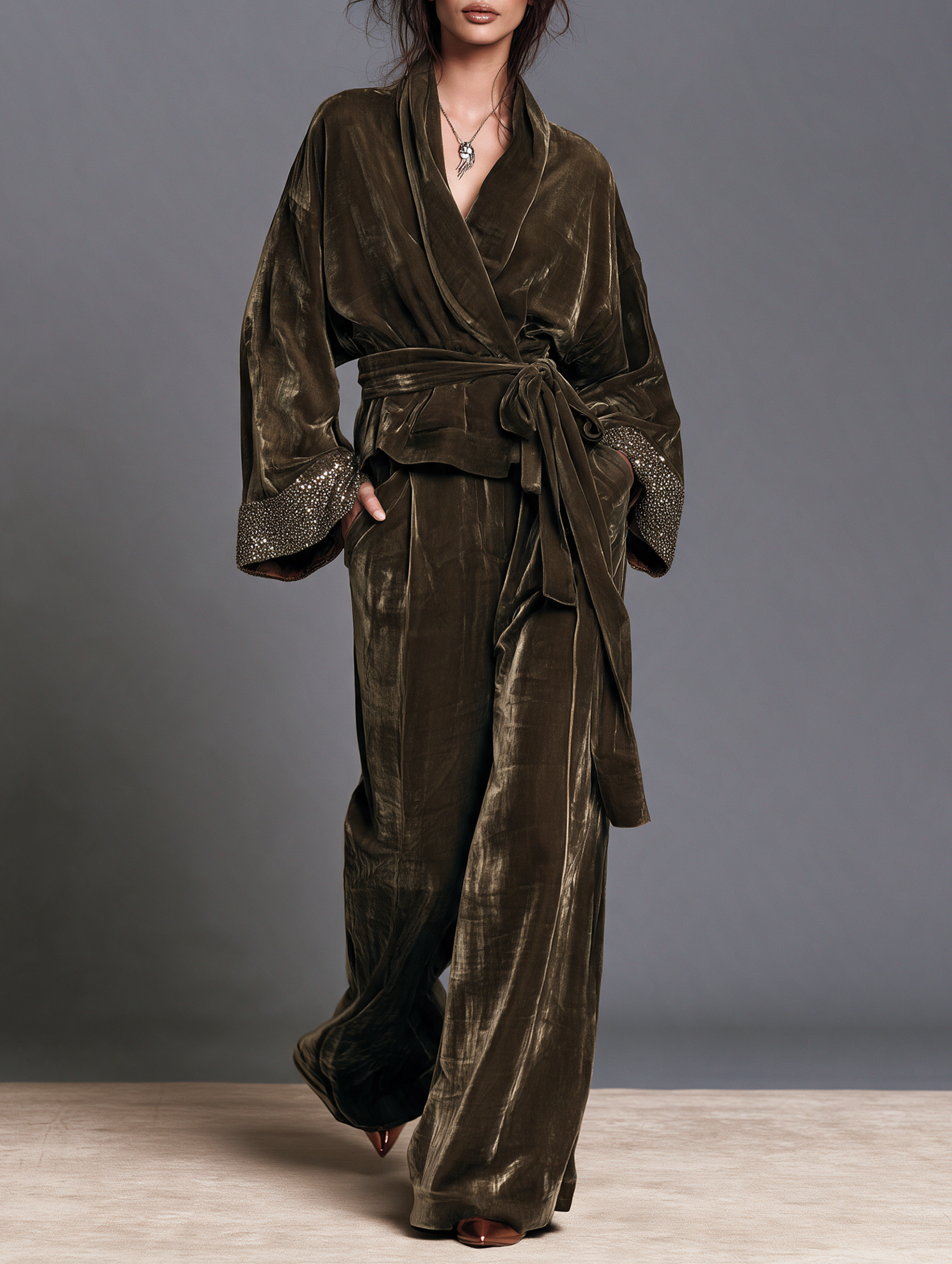 Women’s Vintage-Style Sequin Velvet Set With Tie-Detail Cuffs