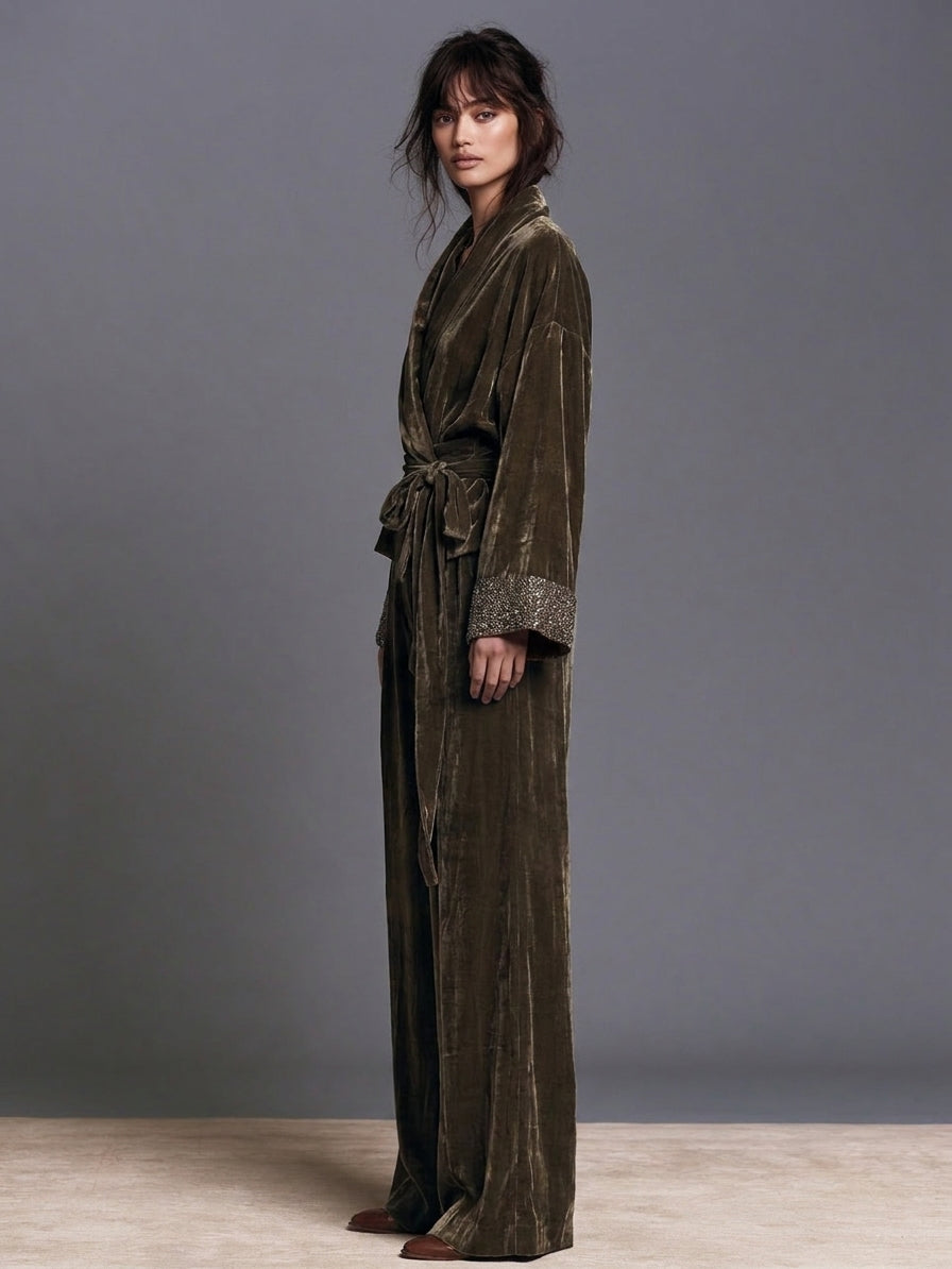 Women’s Vintage-Style Sequin Velvet Set With Tie-Detail Cuffs