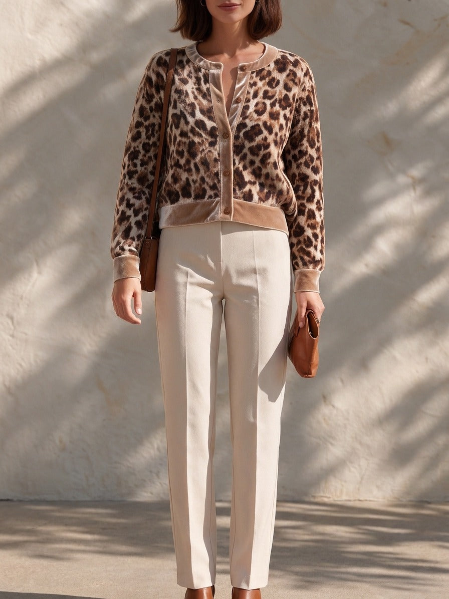 Women’s Crew-Neck Button-Down Velvet Cardigan