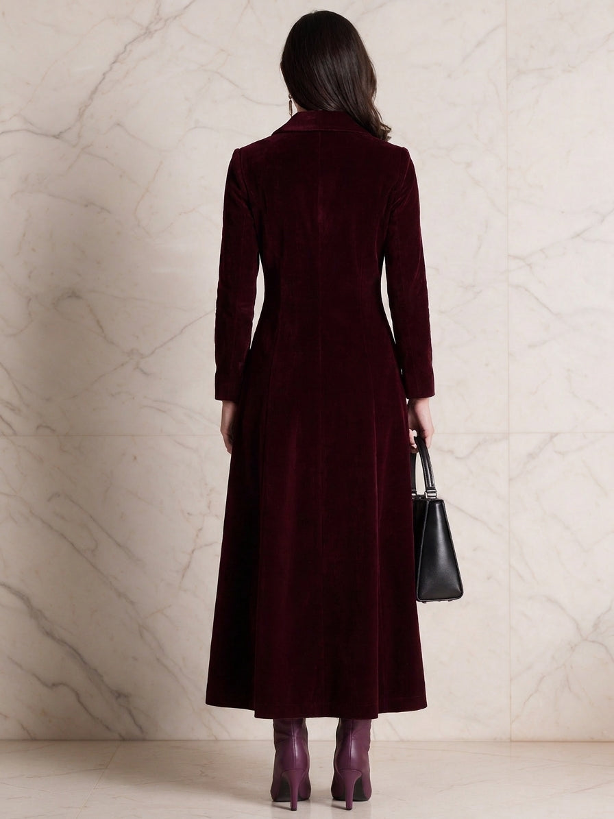 Women’s Velvet Trench Coat With Lapel And Cinched Waist