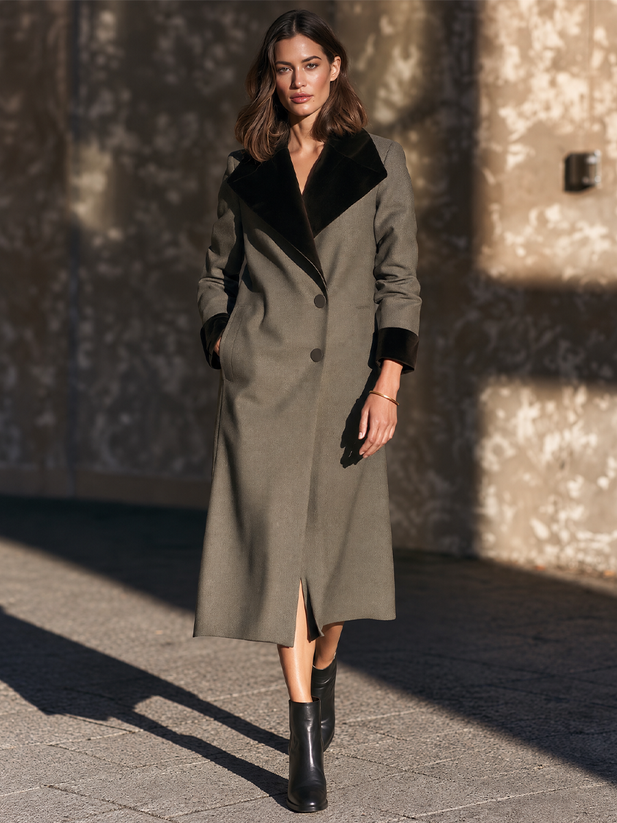 Women's Slim Velvet Trim Coat For Daily Olive
