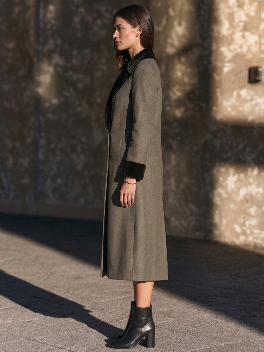 Women's Slim Velvet Trim Coat For Daily Olive