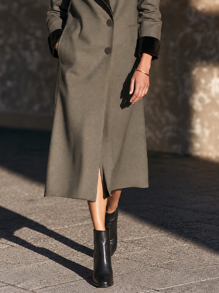 Women's Slim Velvet Trim Coat For Daily Olive