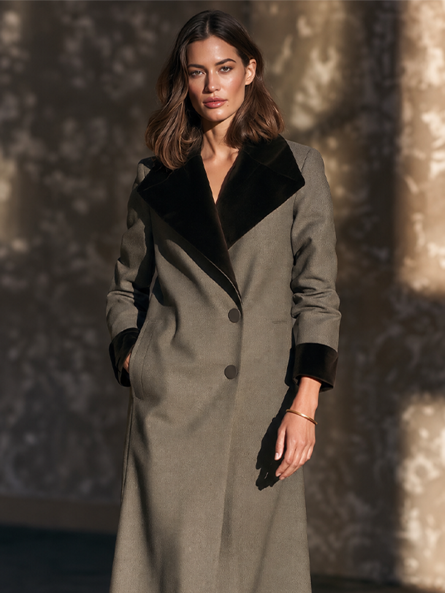Women's Slim Velvet Trim Coat For Daily Olive