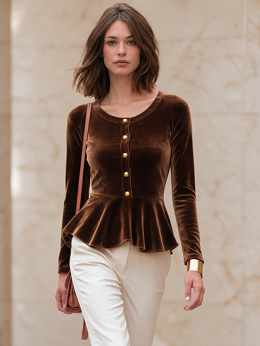 Women’s Velvet Top With Crew Neck, Button Placket, And Peplum Hem
