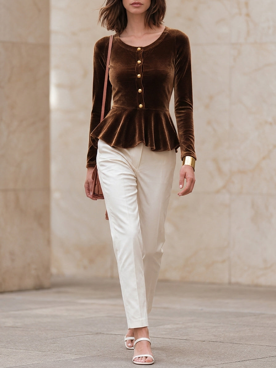 Women’s Velvet Top With Crew Neck, Button Placket, And Peplum Hem