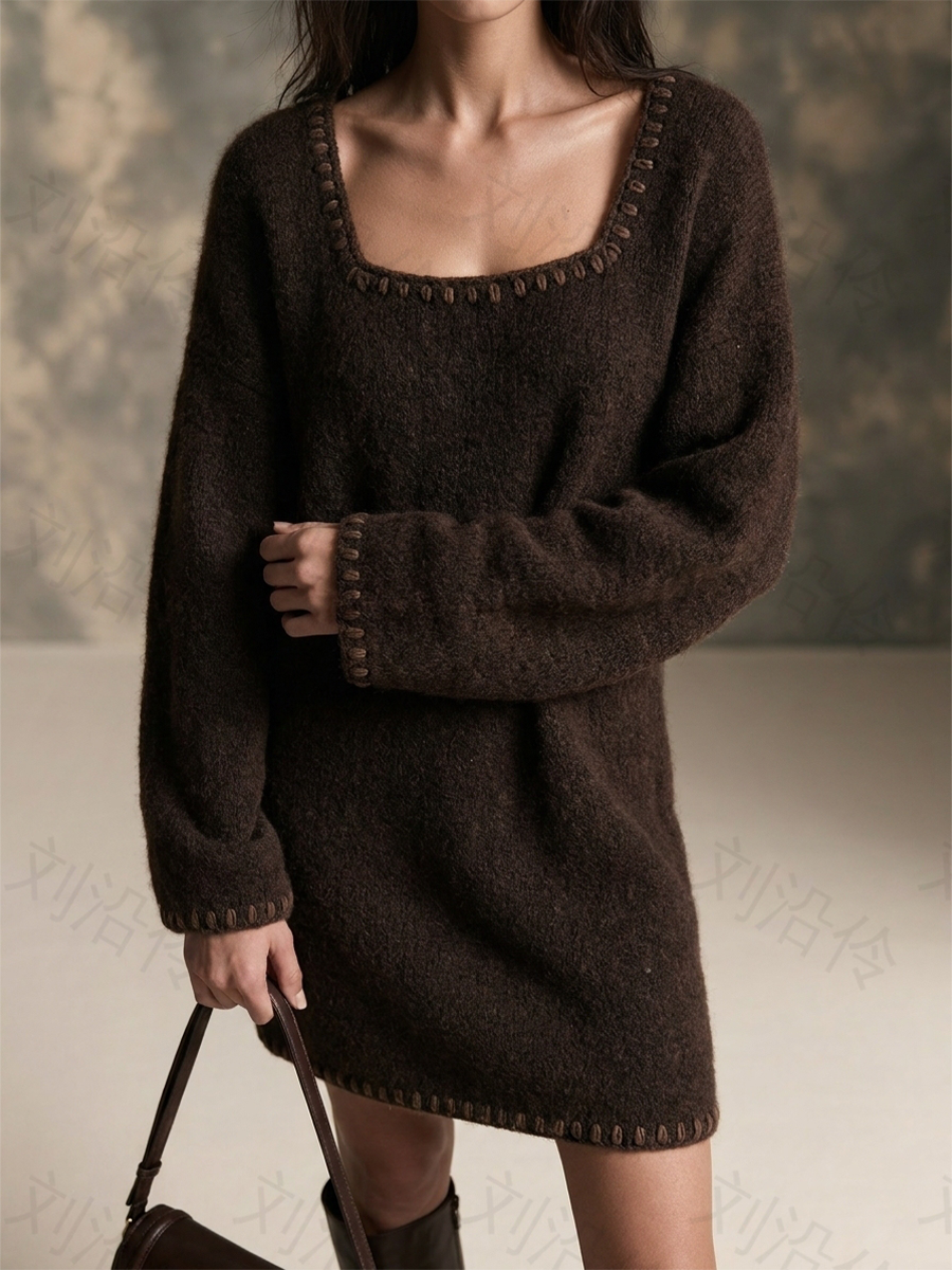 Women's Loose Stitched Trim Square Neck Dress