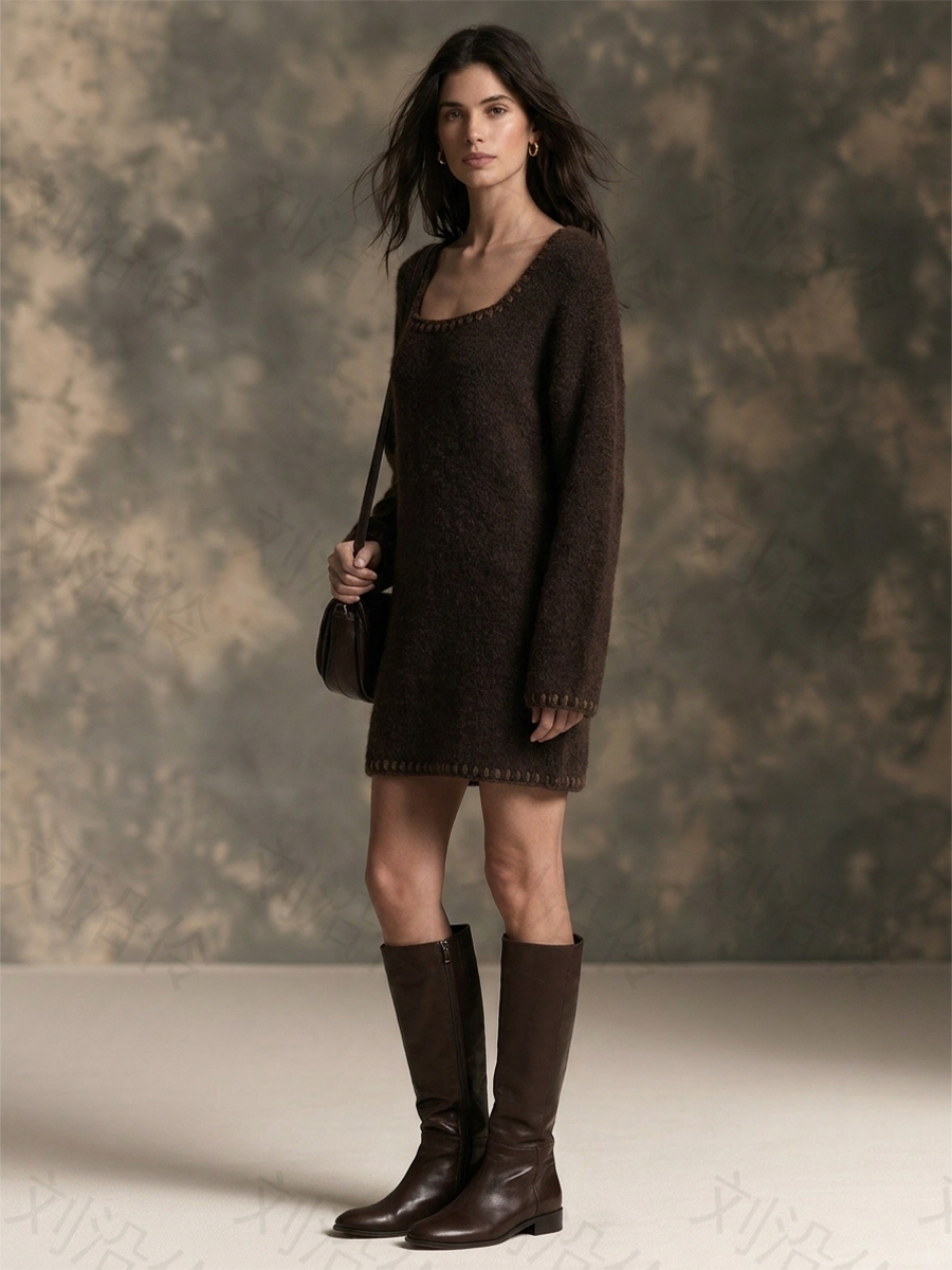 Women's Loose Stitched Trim Square Neck Dress