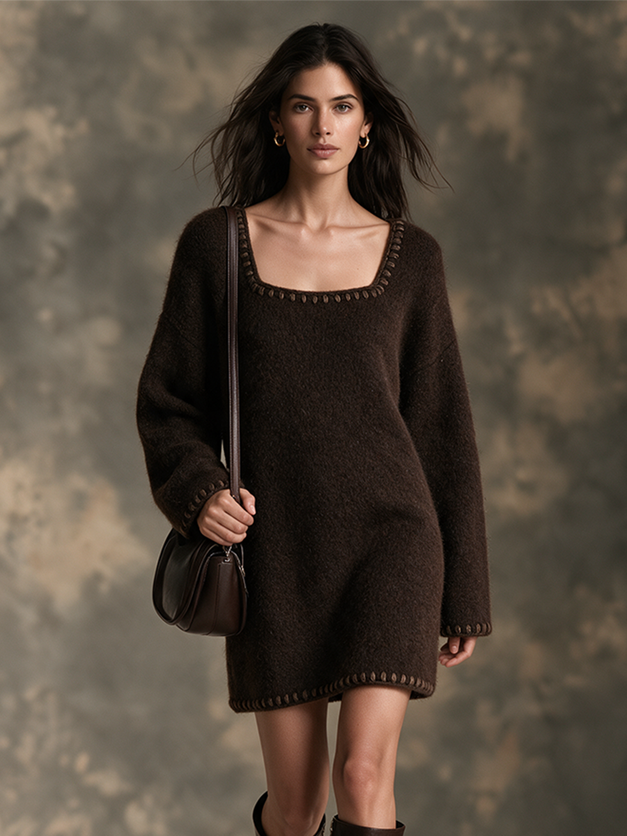 Women's Loose Stitched Trim Square Neck Dress