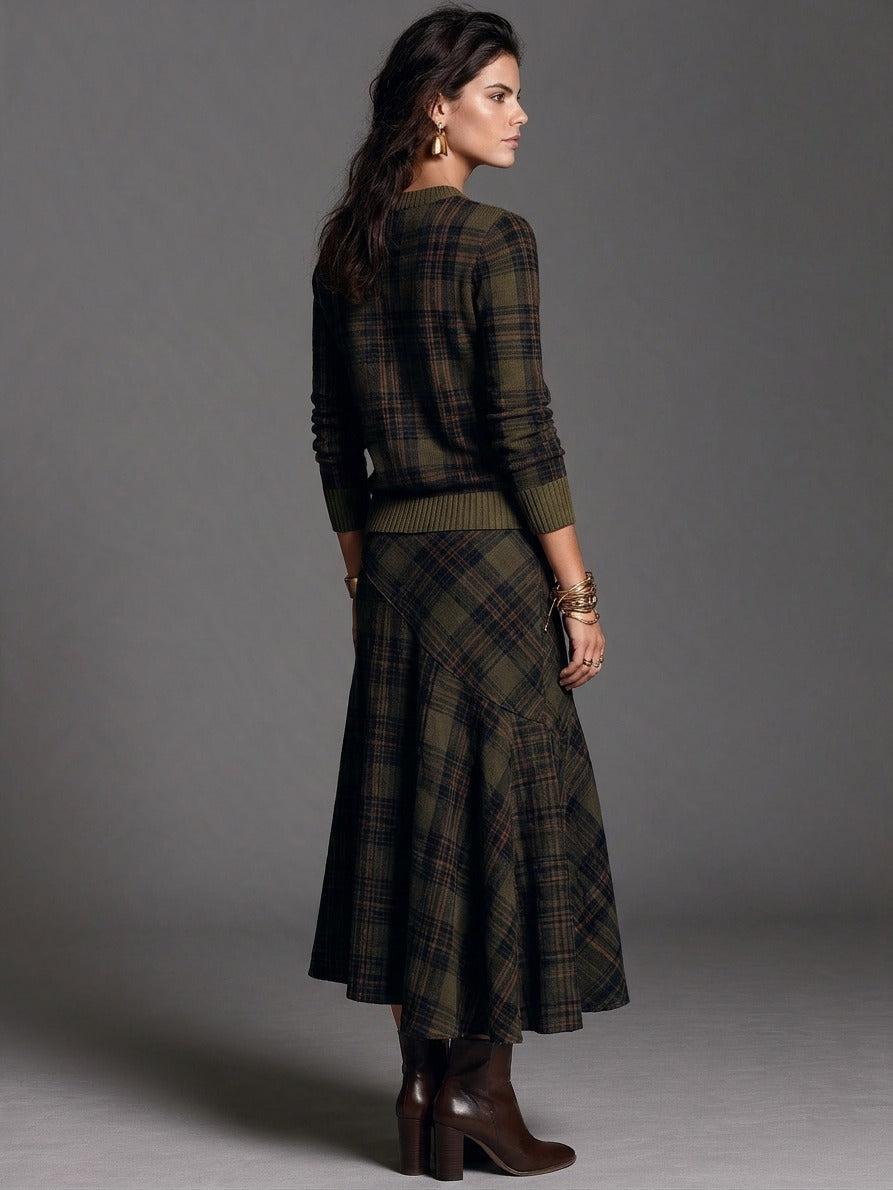 Women's Plaid Knit Crewneck Long Sleeve Sweater