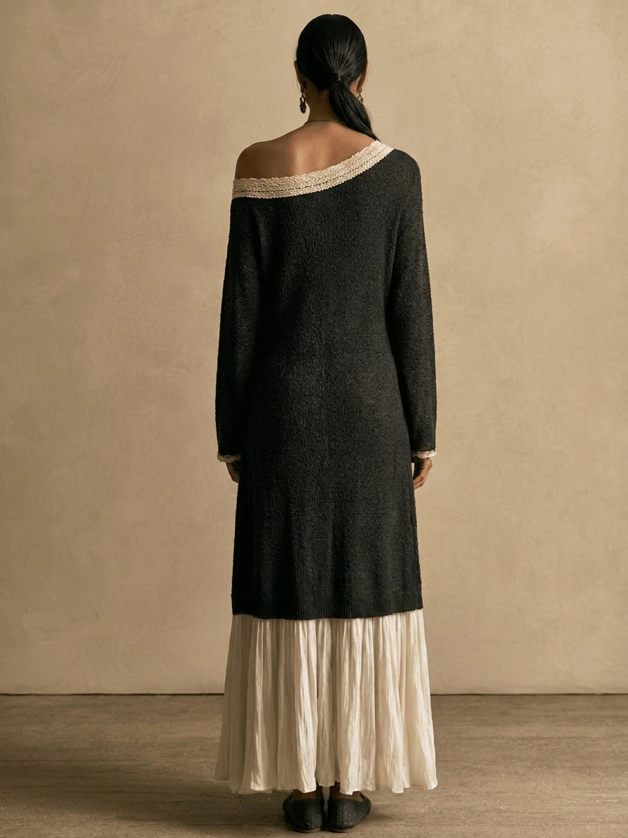 Women's Elegant Chiffon-Panel Knit Asymmetric-Neck Maxi Dress