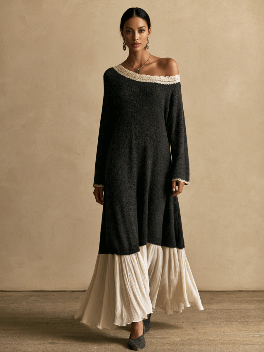 Women's Elegant Chiffon-Panel Knit Asymmetric-Neck Maxi Dress