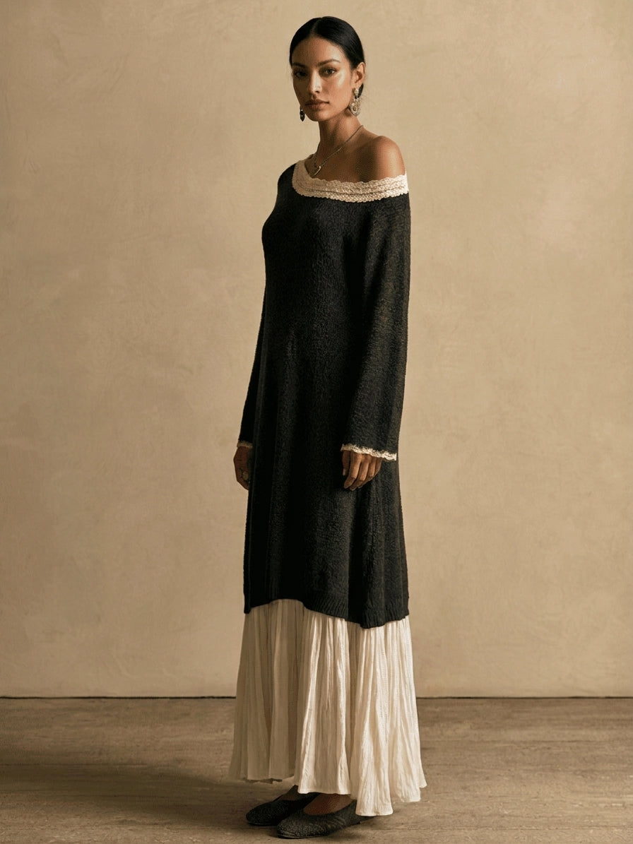 Women's Elegant Chiffon-Panel Knit Asymmetric-Neck Maxi Dress