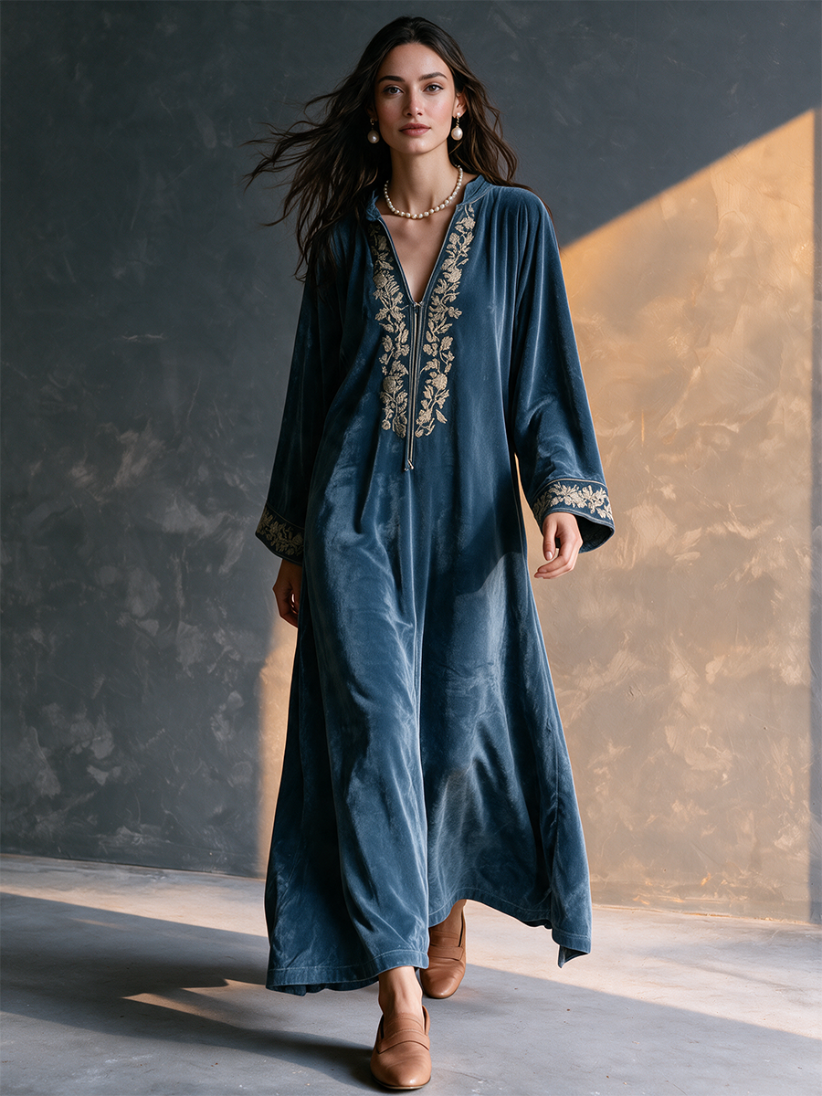 Women's Blue-Grey Velvet V-Neck Embroidered Relaxed Maxi Dress Description: