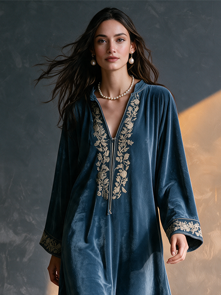 Women's Blue-Grey Velvet V-Neck Embroidered Relaxed Maxi Dress Description: