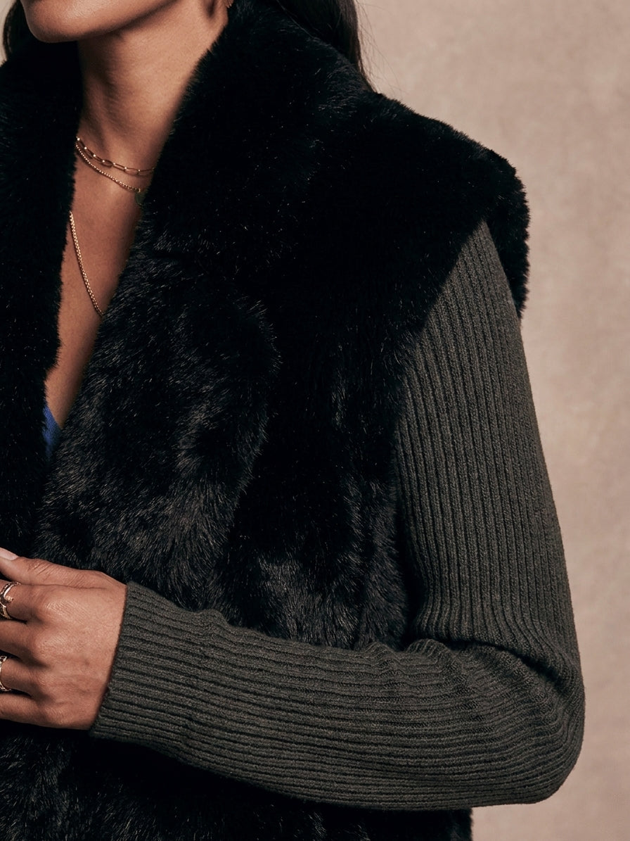 Women's Ribbed-Sleeve Plush Shawl-Collar Coat