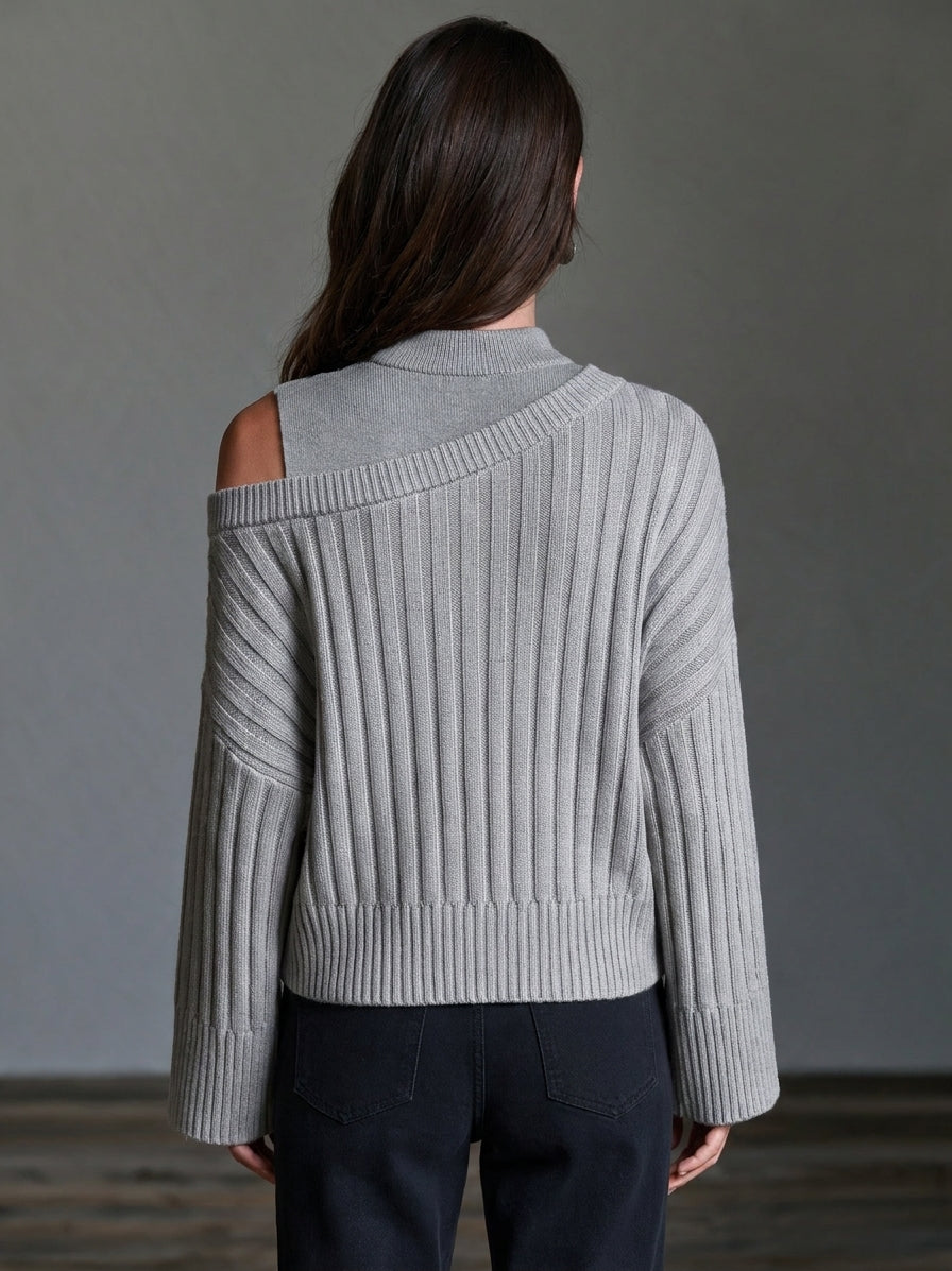 Women’s Elegant Grey Long-sleeved Knit Sweater