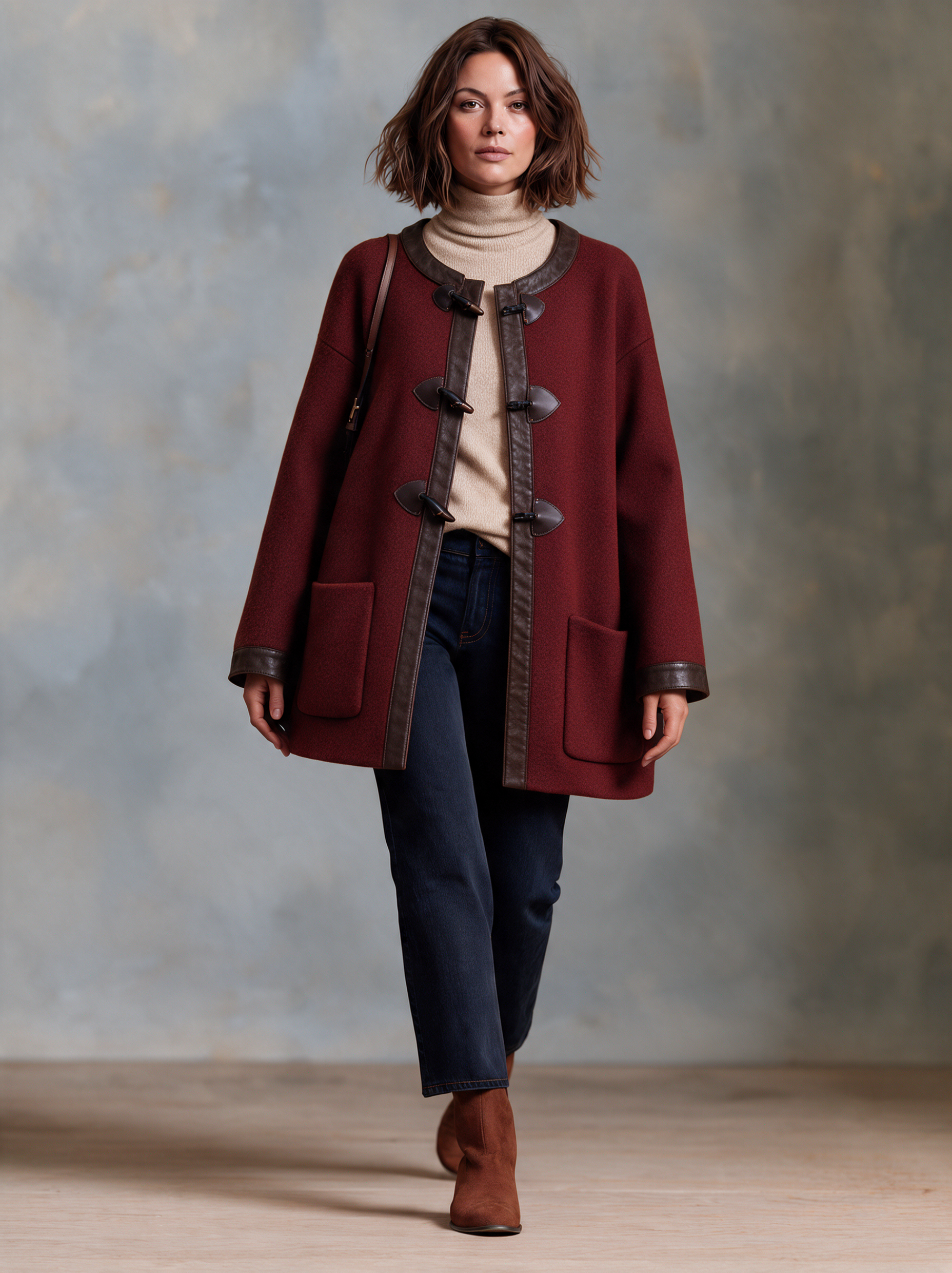 Women’s Wool-Blend & Leather-Trimmed Mid-Length Coat