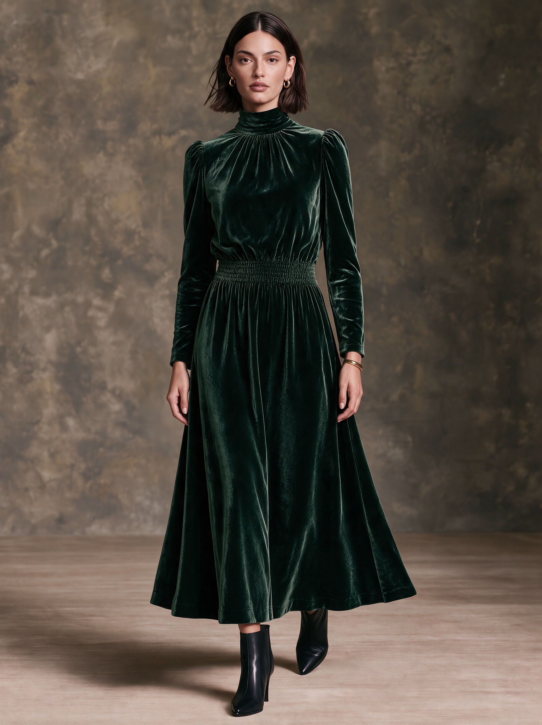 Women’s High-Neck Velvet Maxi Dress With Puff Sleeves And Cinched Waist