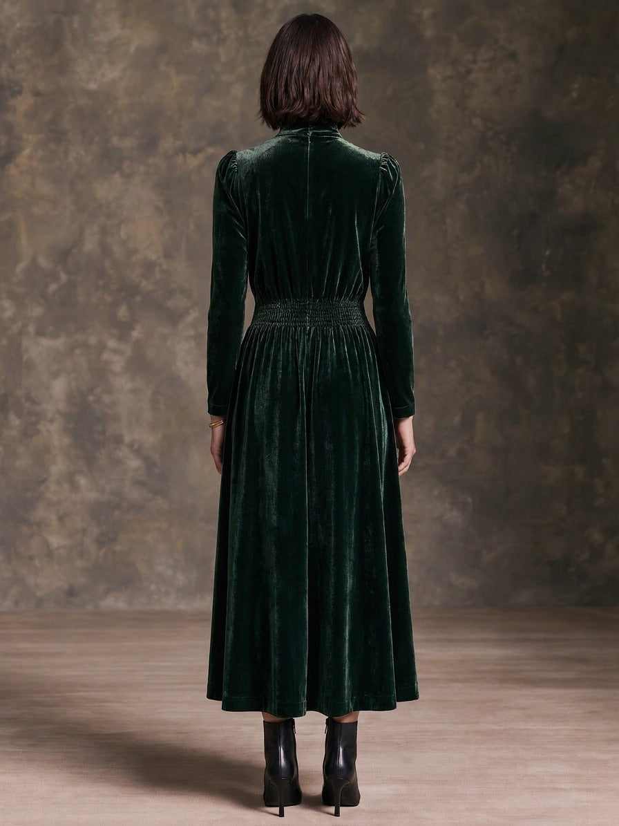 Women’s High-Neck Velvet Maxi Dress With Puff Sleeves And Cinched Waist