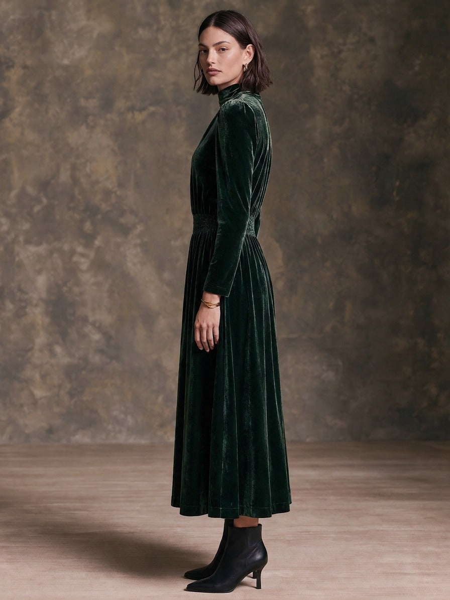Women’s High-Neck Velvet Maxi Dress With Puff Sleeves And Cinched Waist