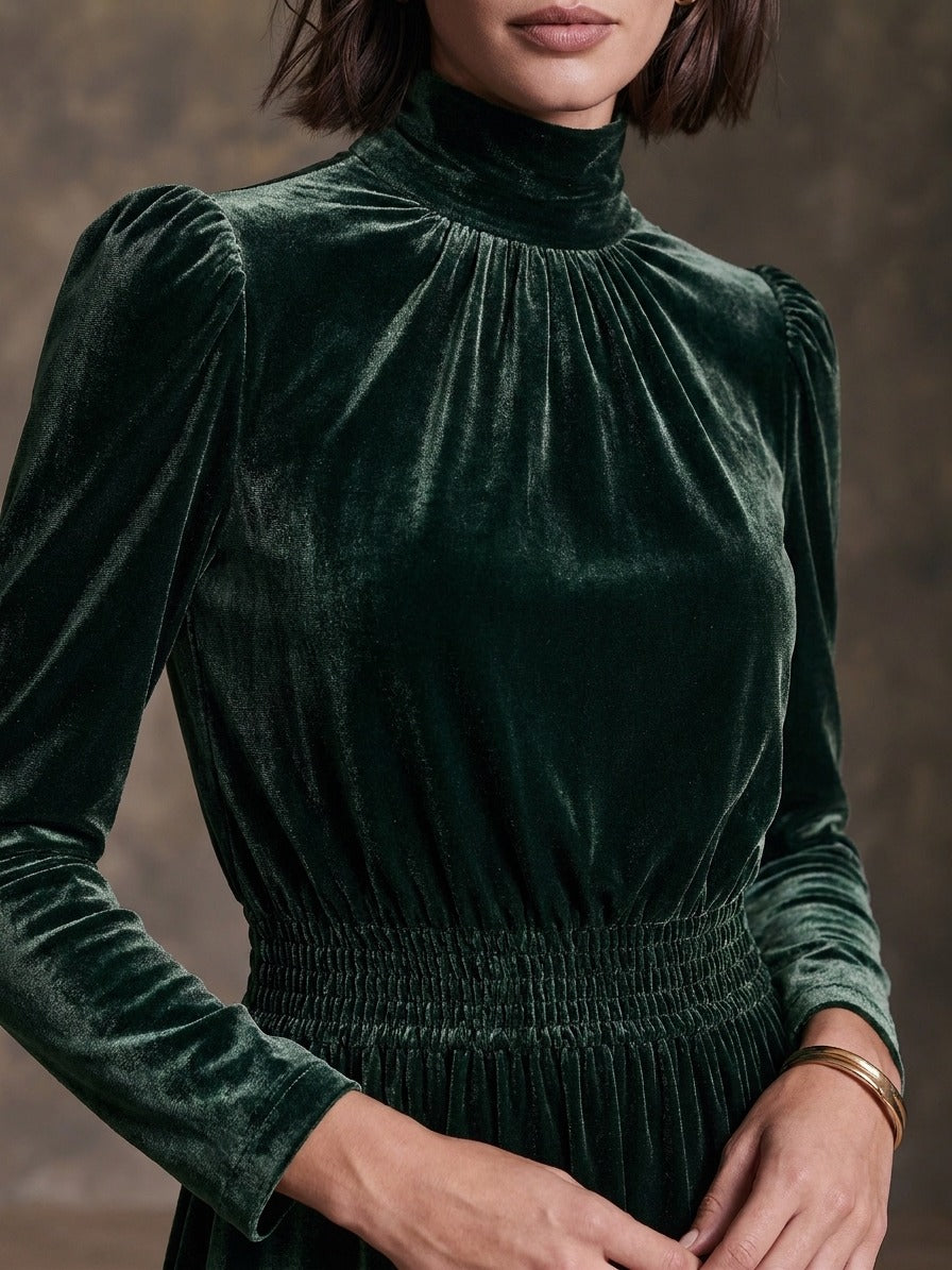 Women’s High-Neck Velvet Maxi Dress With Puff Sleeves And Cinched Waist