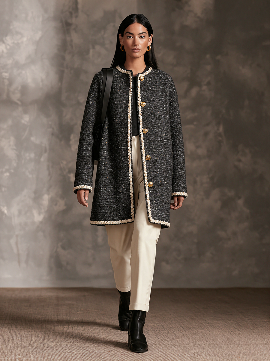 Women's Dark Grey Chanel-Style Tweed Crew Neck Braided Trim Mid-Length Jacket