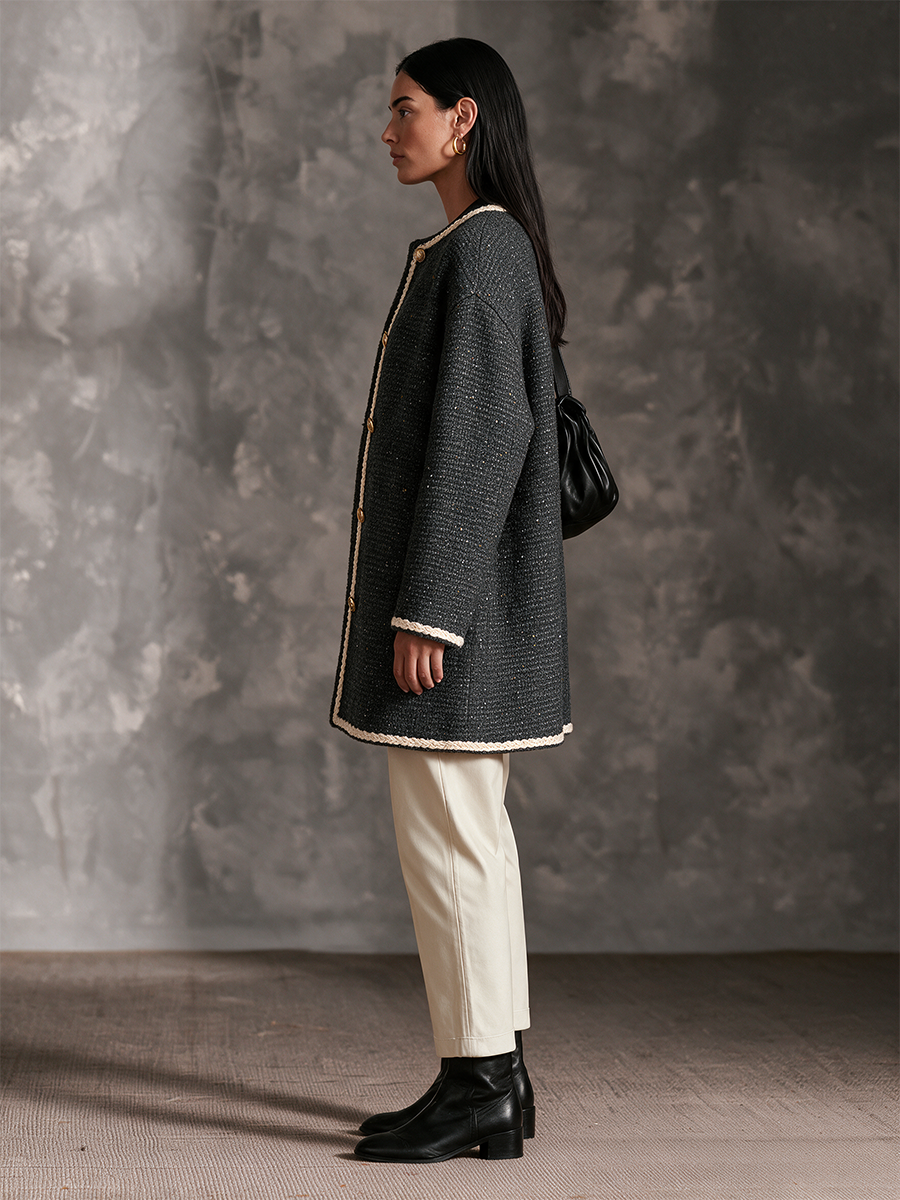 Women's Dark Grey Chanel-Style Tweed Crew Neck Braided Trim Mid-Length Jacket