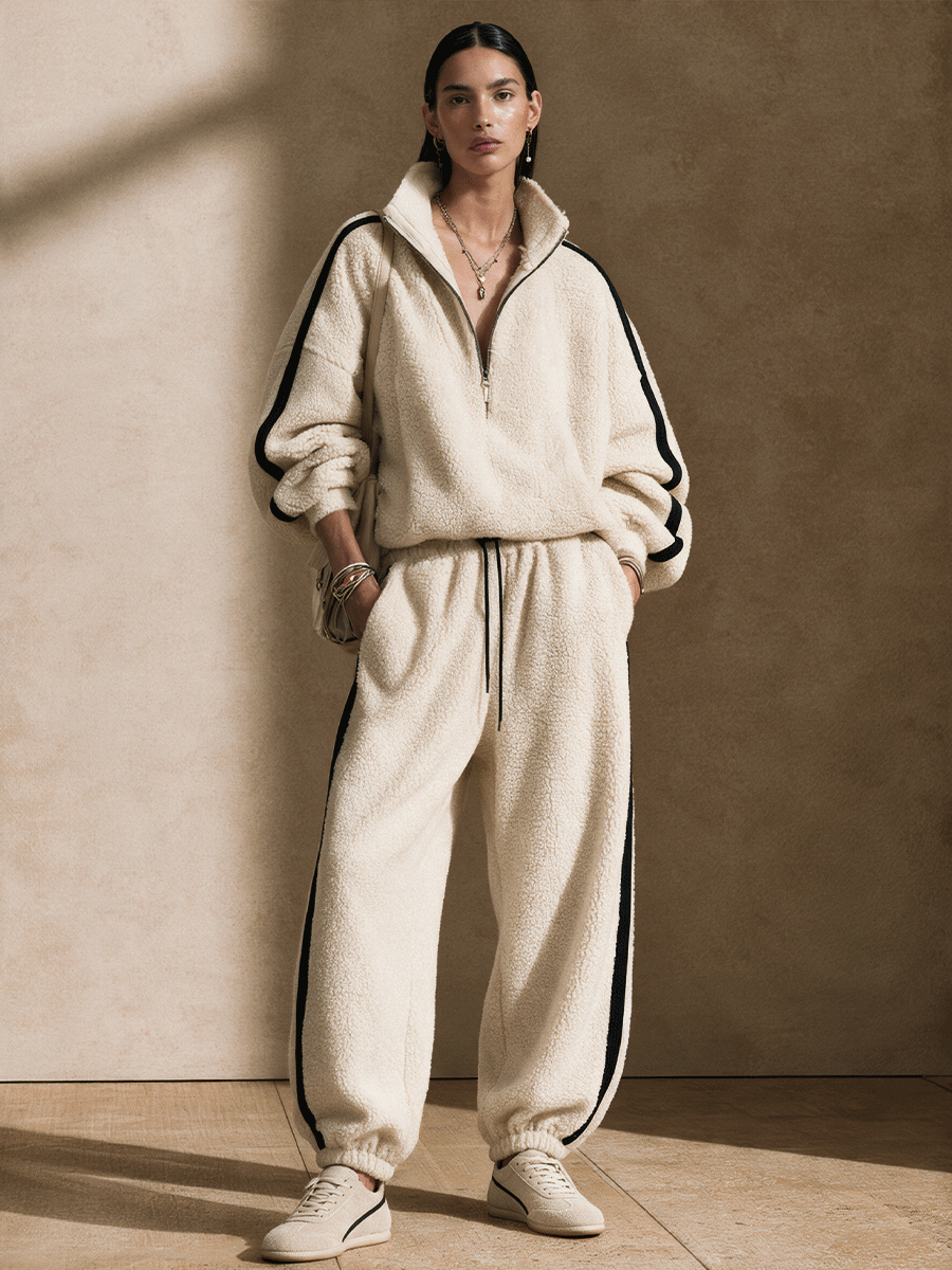 Women's Contrast-Stripe Sherpa Jogger Pants Set