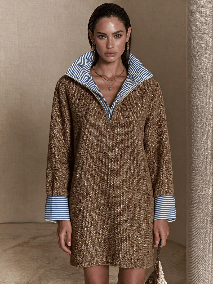 Women's Vintage Layered-Look Tweed Contrast-Collar Mini Dress