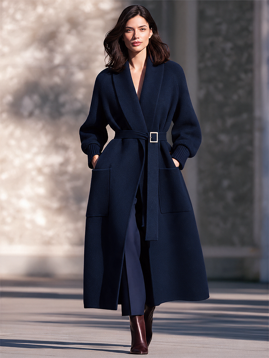 Women's Navy Wool Shawl Collar Belted Raglan Sleeve Maxi Coat