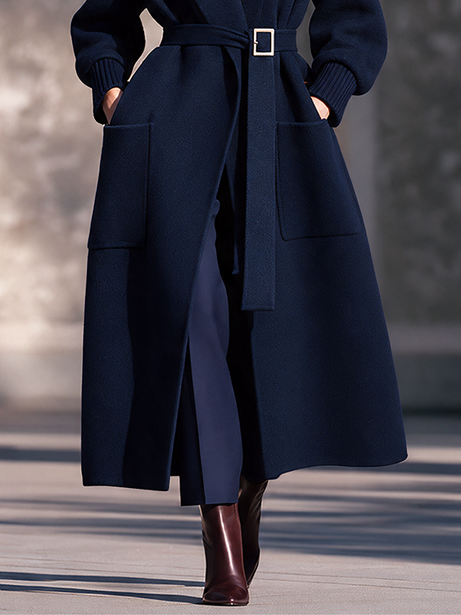 Women's Navy Wool Shawl Collar Belted Raglan Sleeve Maxi Coat