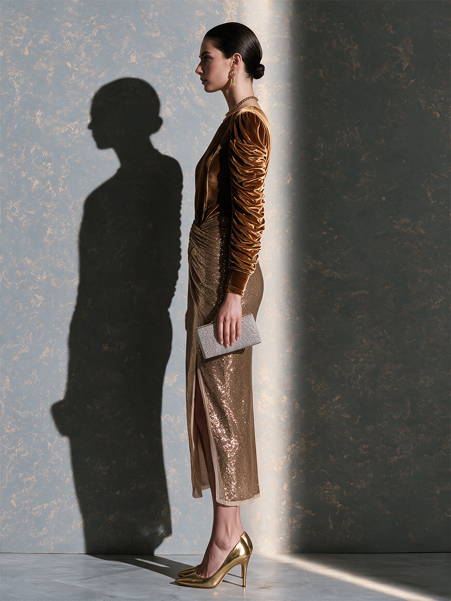 Women's Gold Brown Sequin Criss-Cross Ruched High-Waisted Slit Midi Skirt