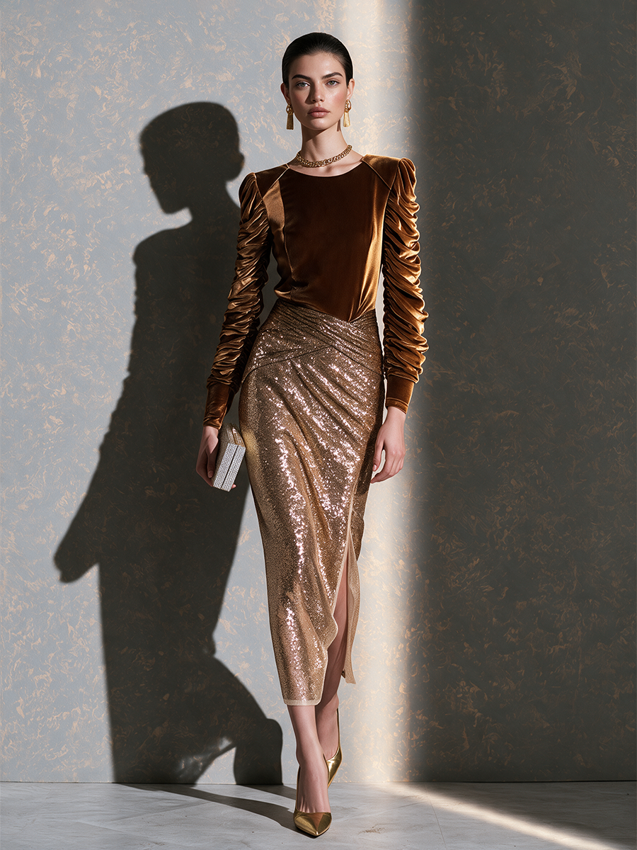 Women's Caramel Brown Velvet Crew Neck Ruched Long Sleeve Top