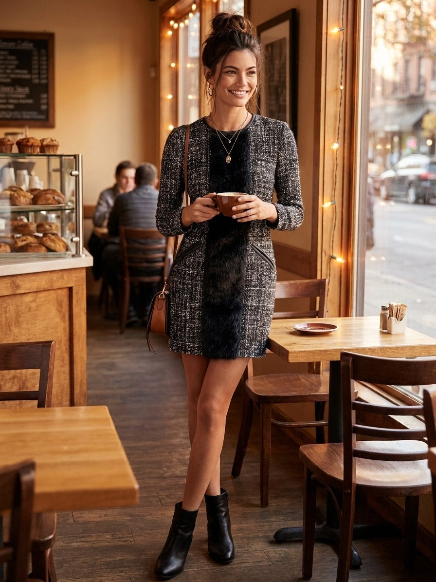 Women’s Vintage-style Tweed And Faux-mink Patchwork Shirt Dress