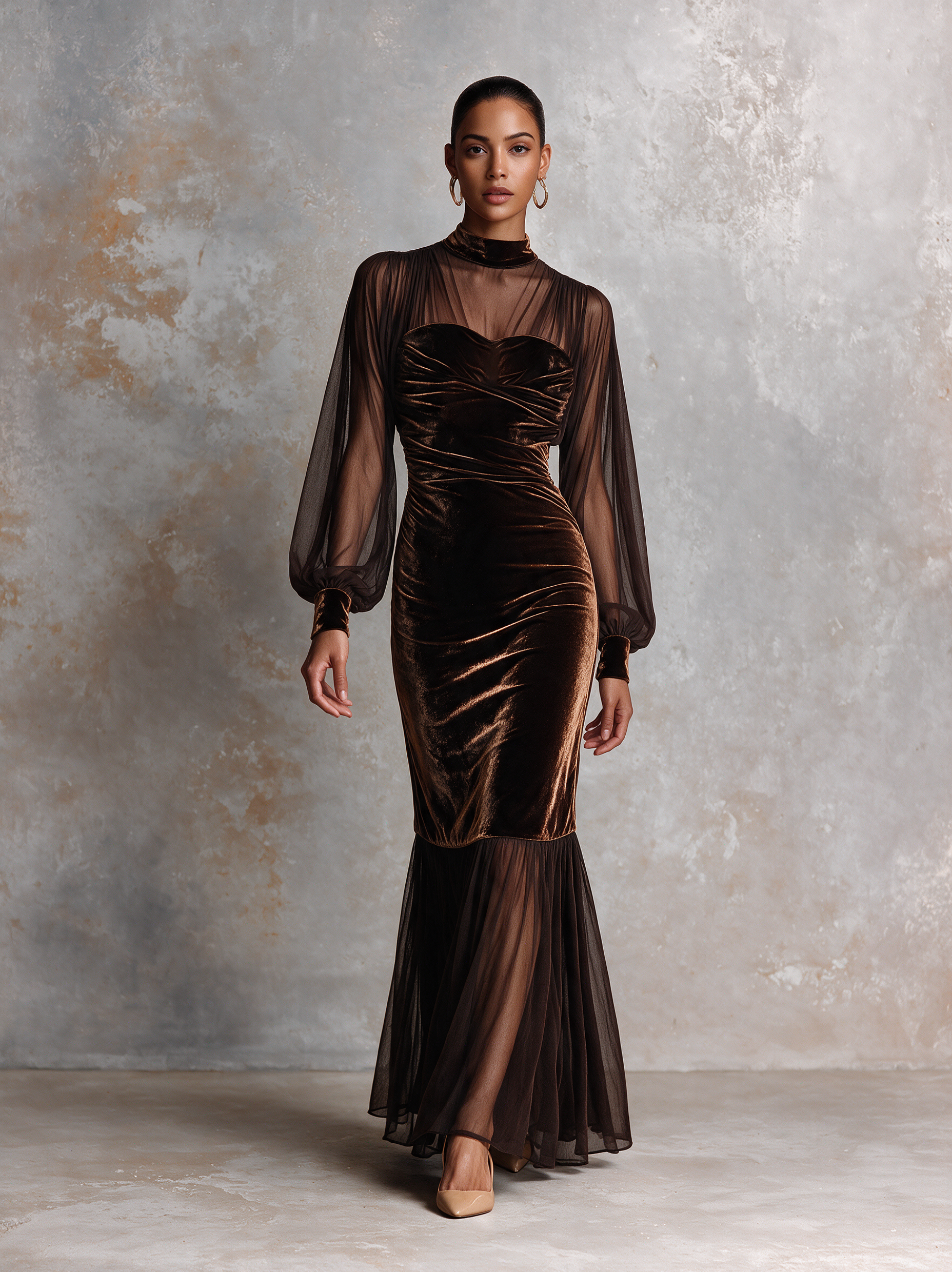Women’s Velvet And Chiffon Paneled Long Party Dress
