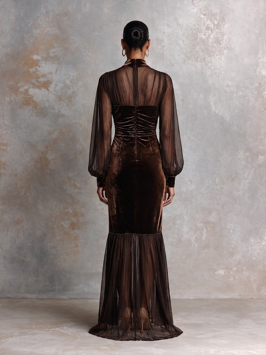 Women’s Velvet And Chiffon Paneled Long Party Dress